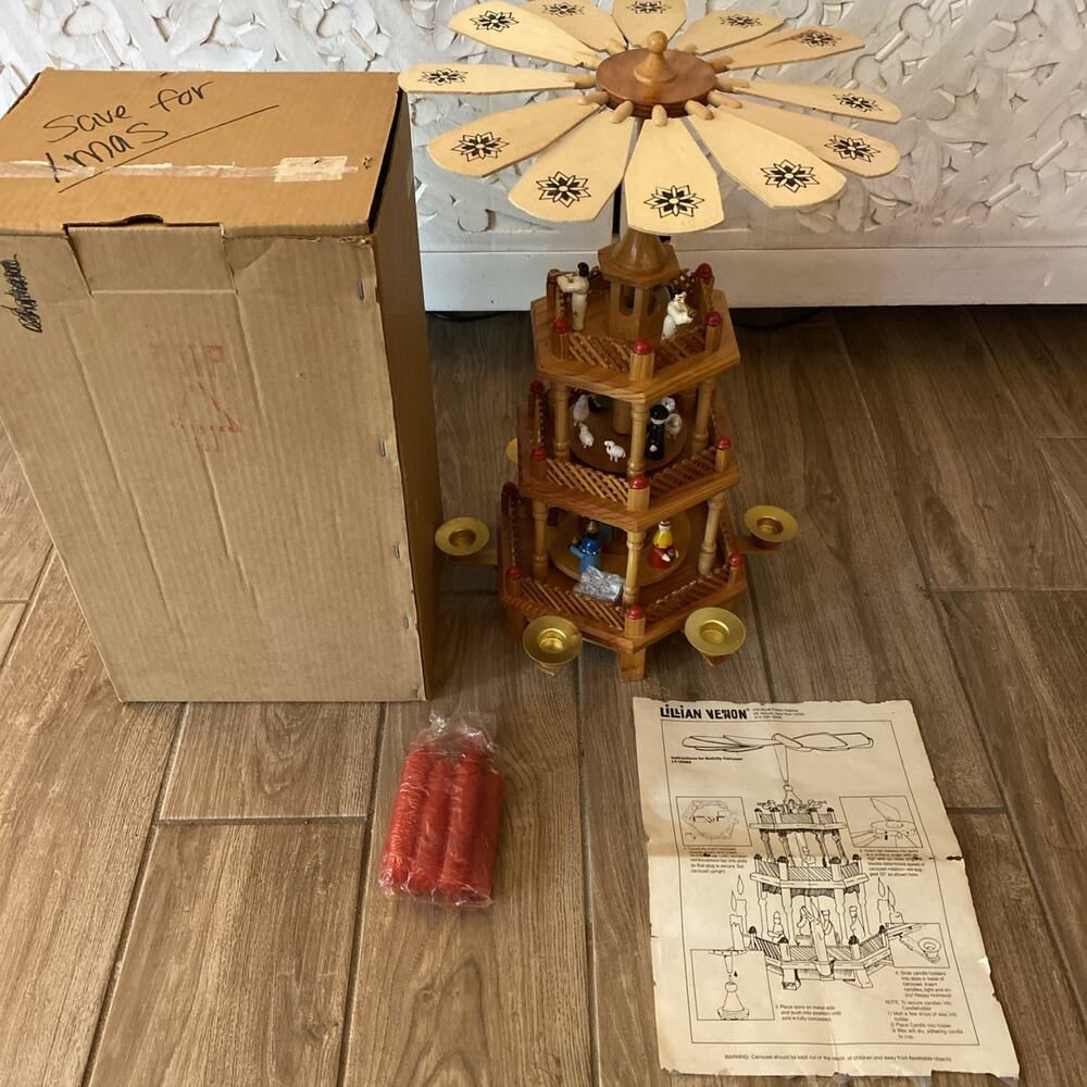 Vintage Lillian Vernon Wooden Nativity Scene 3-Tier Christmas Pyramid Carousel